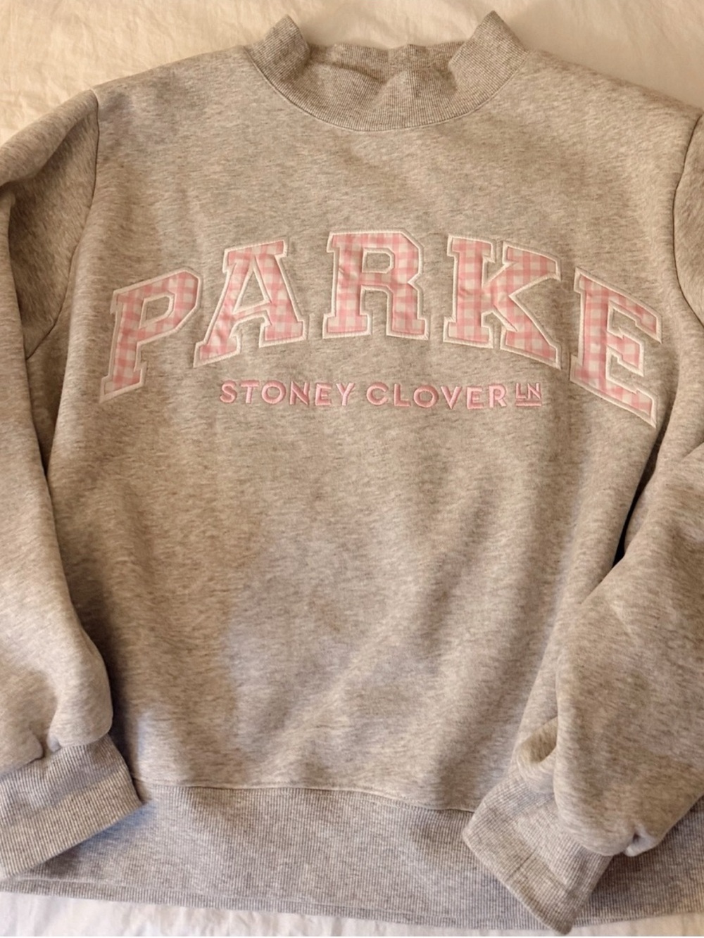Parker Stoney Clover Ln Gray Sweatshirt with Pink Lettering